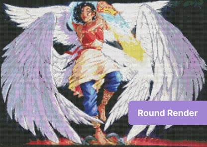 Fantasy angel warrior with large wings and glowing elemental flame energy