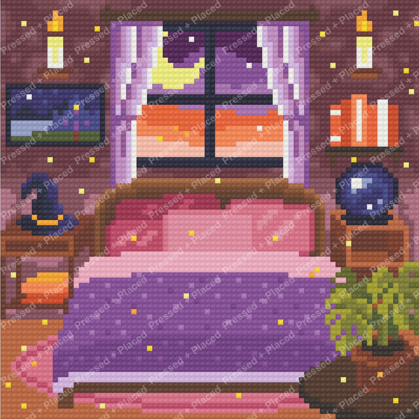 Pixel-style cozy bedroom with purple bed, moonlit window, candles, and warm decor