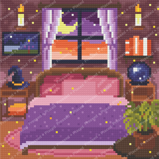 Pixel-style cozy bedroom with purple bed, moonlit window, candles, and warm decor