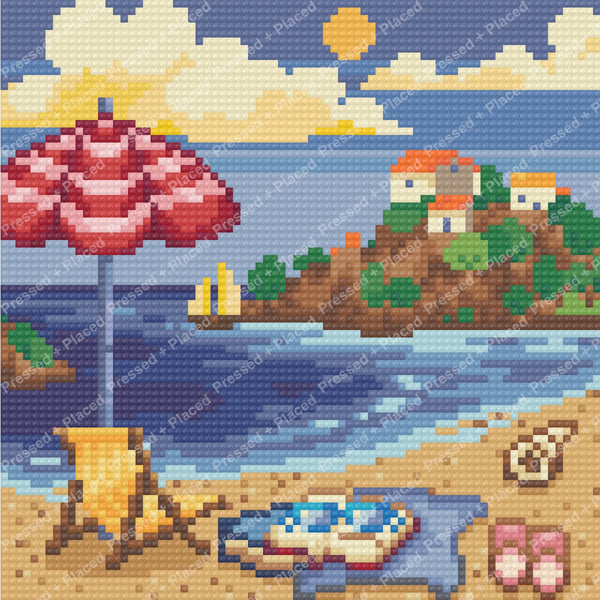Coastal village landscape with red tree, boats, beach, and colorful island homes