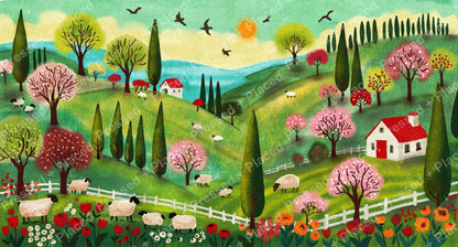 Colorful spring countryside landscape with sheep, flowering trees, cottages, and rolling hills