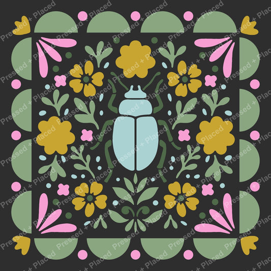 Stylized beetle surrounded by colorful floral folk art pattern on dark background