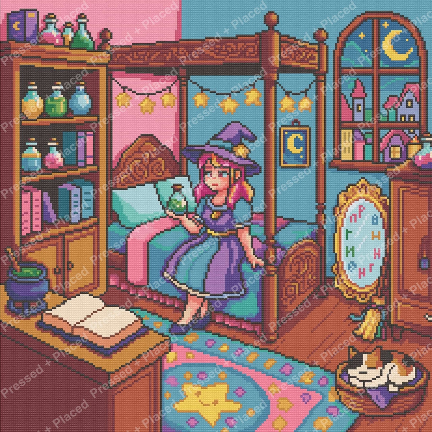 Pixel art witch bedroom with pastel decor, star garlands, and moonlit fantasy details