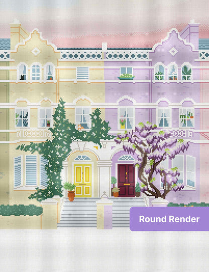 Pastel townhouse row with flowering vines and blooming trees in whimsical street style