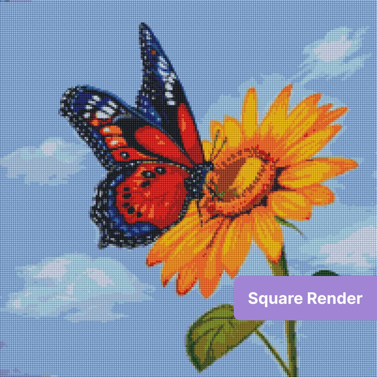 Colorful butterfly on bright sunflower against a soft blue sky, painted in bold floral style
