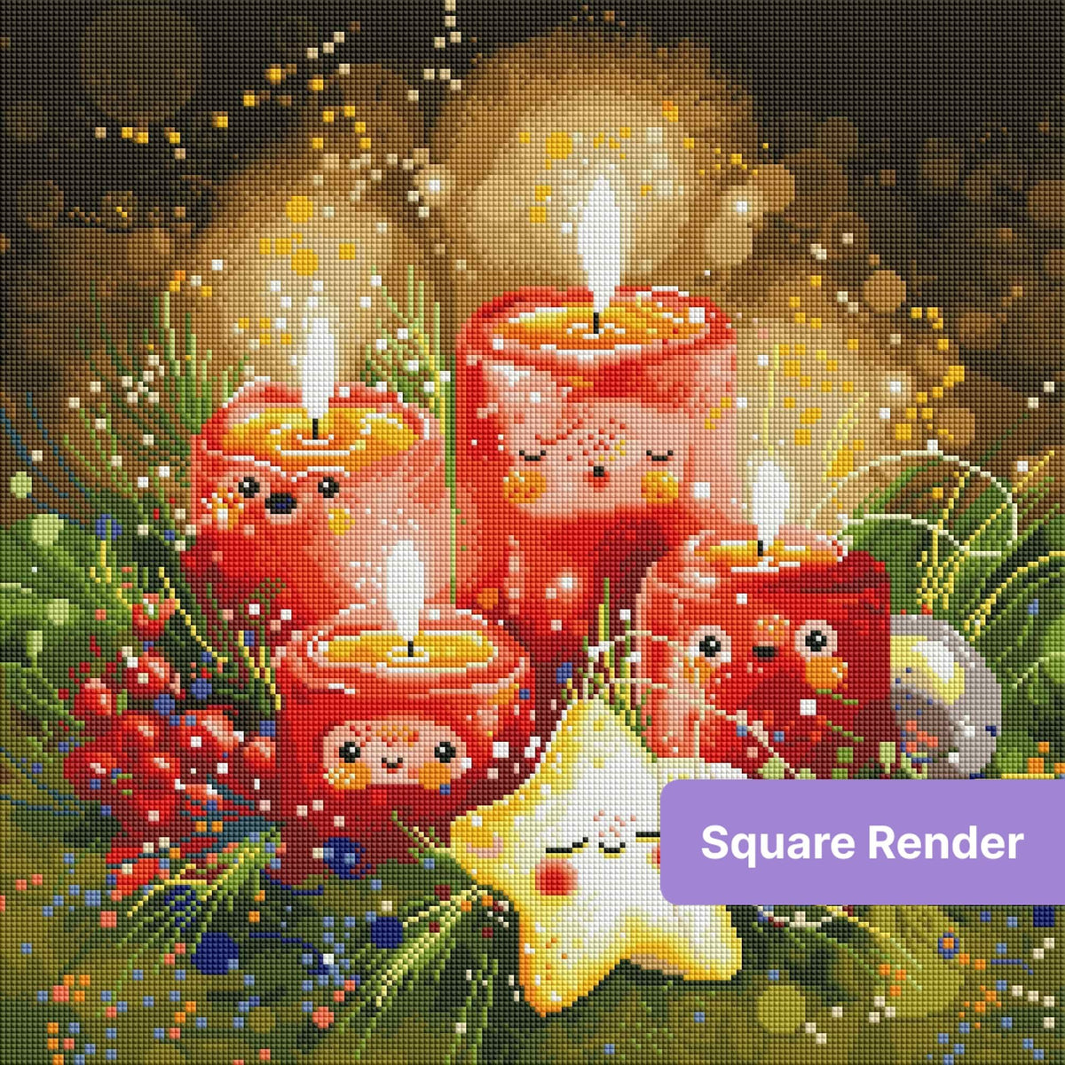 Whimsical red Christmas candles with smiling faces and glowing star ornament