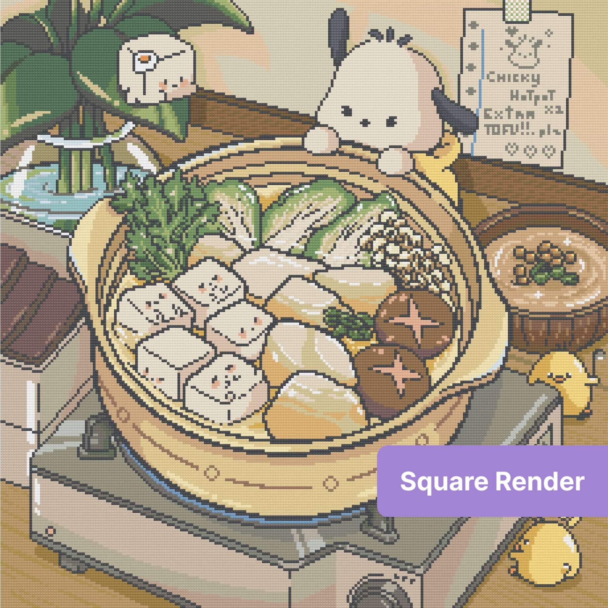 Cute kawaii hot pot scene with tofu, vegetables, and smiling cartoon characters