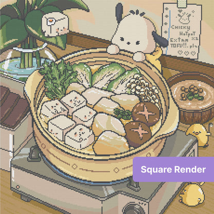 Cute kawaii hot pot scene with tofu, vegetables, and smiling cartoon characters