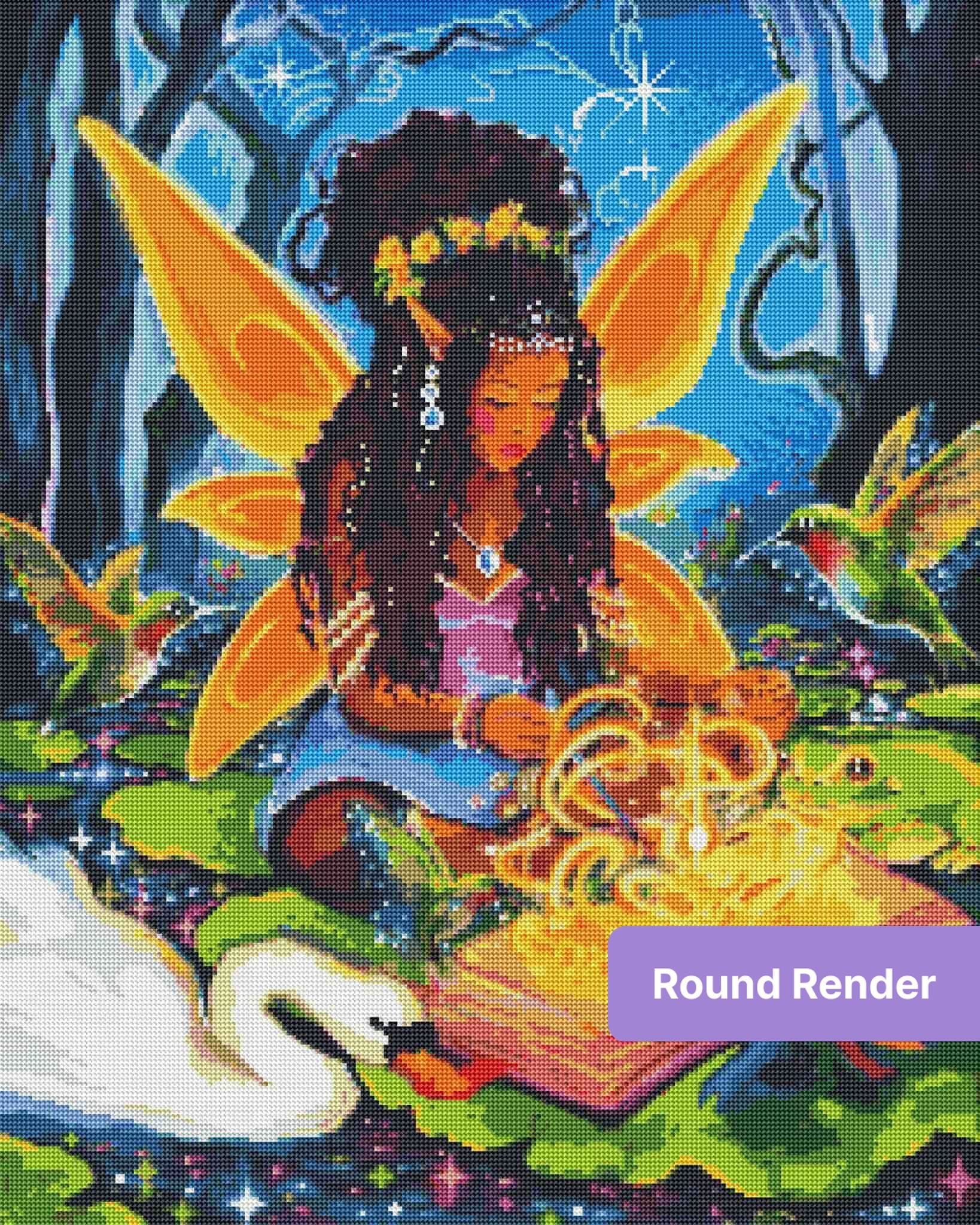 Fairy princess with glowing wings, swans, and hummingbirds in a fantasy pond scene