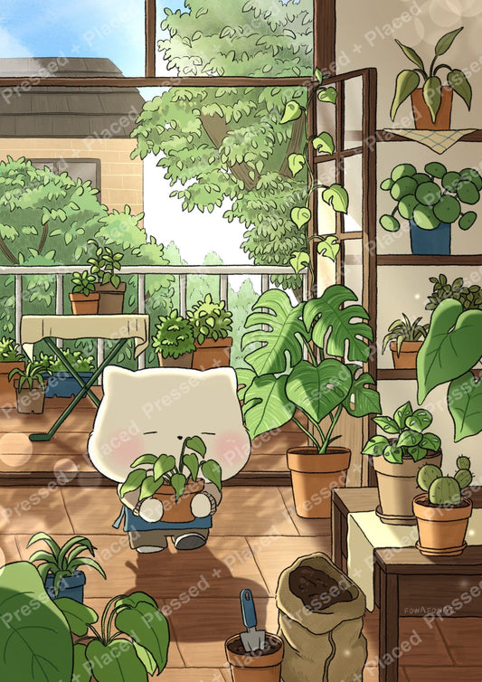 Cozy cartoon-style plant room with potted greenery, sunlight, and a small character holding a plant