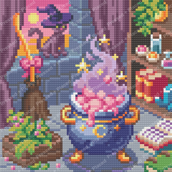 Whimsical witch inside a glowing crystal ball with vibrant fantasy colors