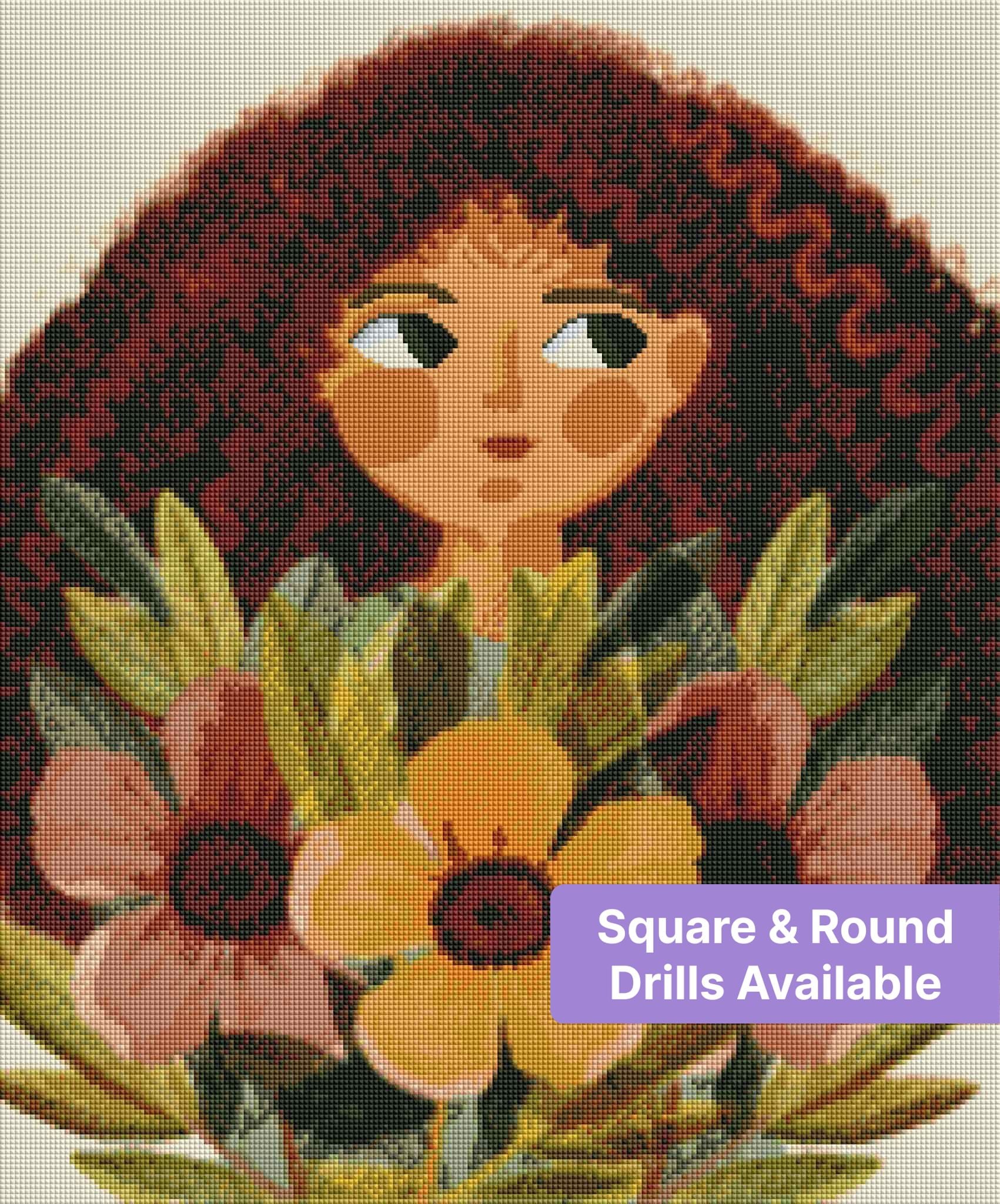 Curly-haired girl holding a colorful floral bouquet in soft watercolor style