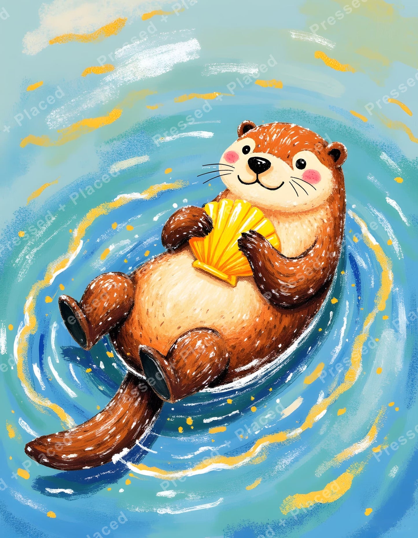 Cute otter holding a yellow seashell in swirling blue water, whimsical painted style