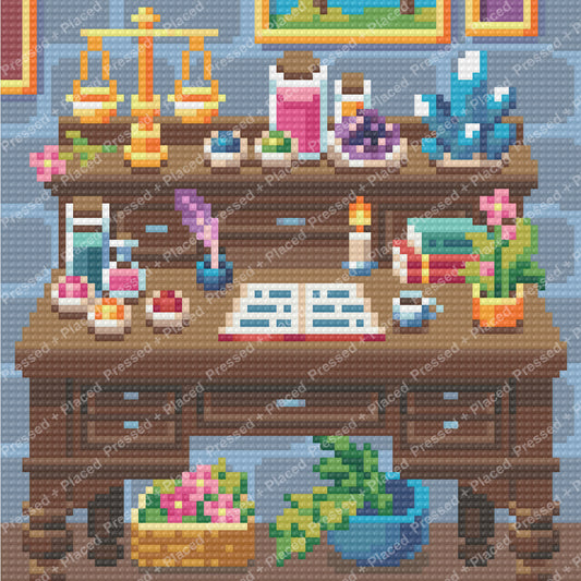 Cozy craft room with wooden desk, colorful supplies, books, and potted plants in diamond art style