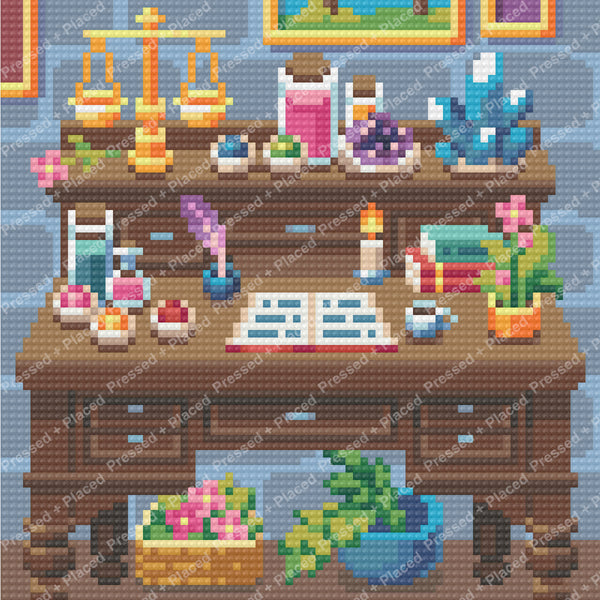 Cozy craft room with wooden desk, colorful supplies, books, and potted plants in diamond art style