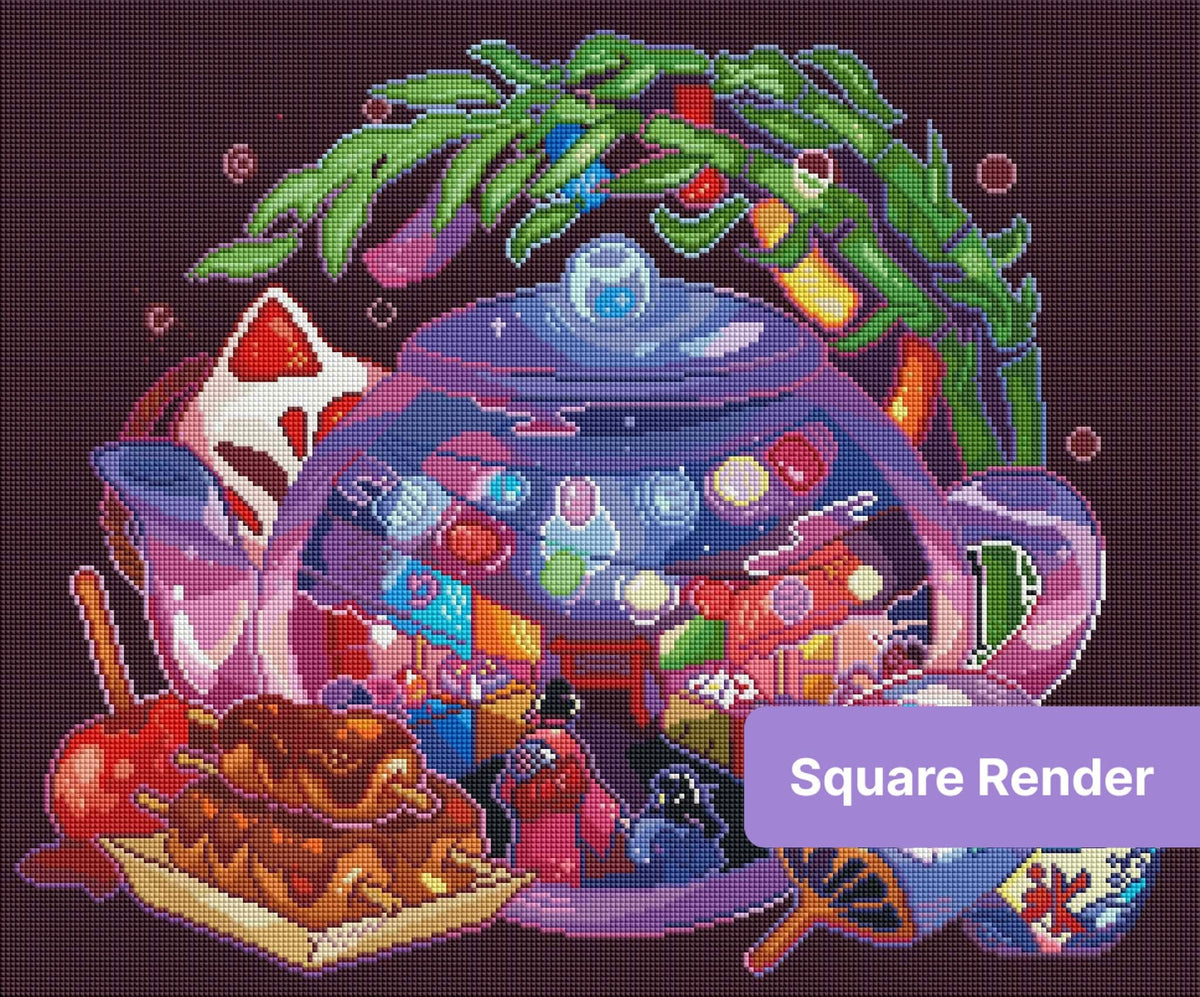 Anime-style fantasy tea party with glowing teapot, lanterns, and colorful dessert details