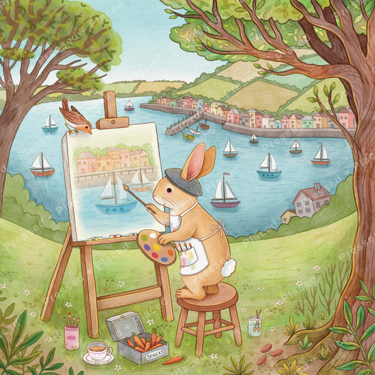 Whimsical bunny painter creating a pastel seaside landscape with sailboats and cottages