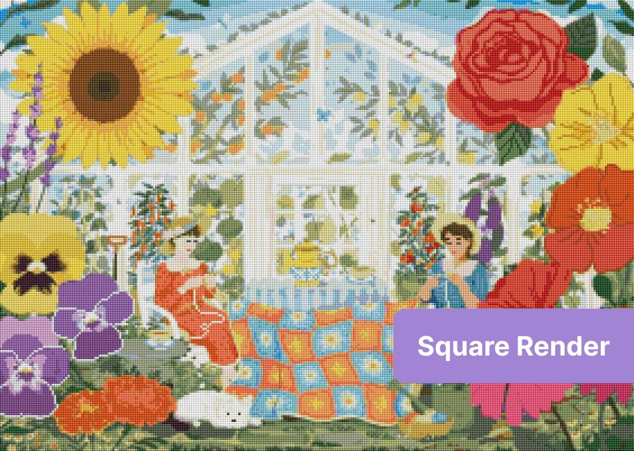 Whimsical greenhouse garden scene with two women, oversized flowers, and cozy cottage details