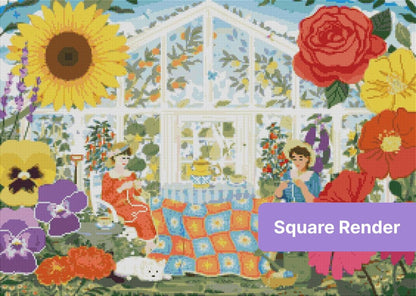 Whimsical greenhouse garden scene with two women, oversized flowers, and cozy cottage details