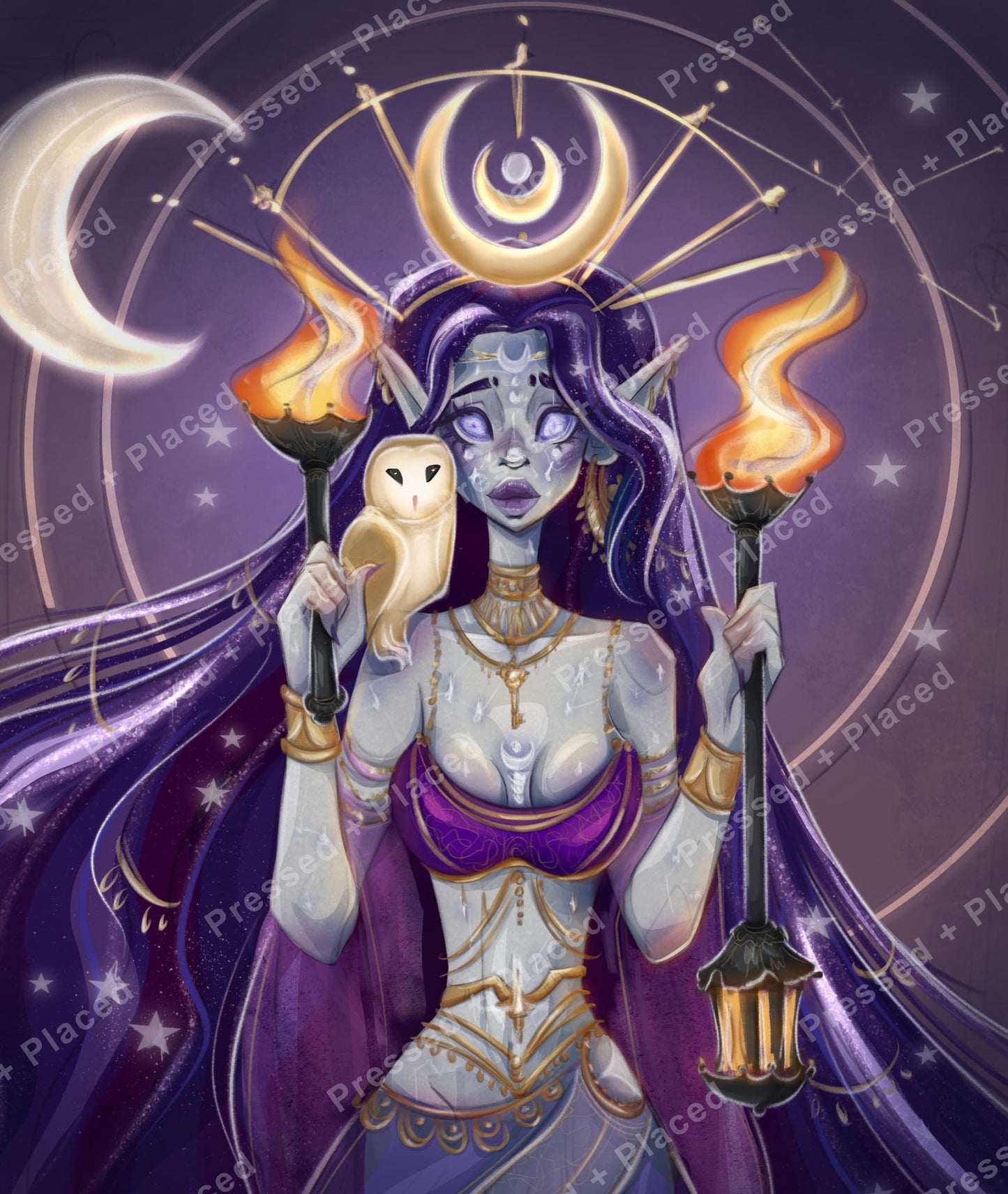 Fantasy moon goddess with owl, purple hair, gold moons, and glowing torches