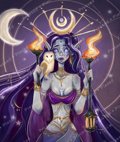 Fantasy moon goddess with owl, purple hair, gold moons, and glowing torches