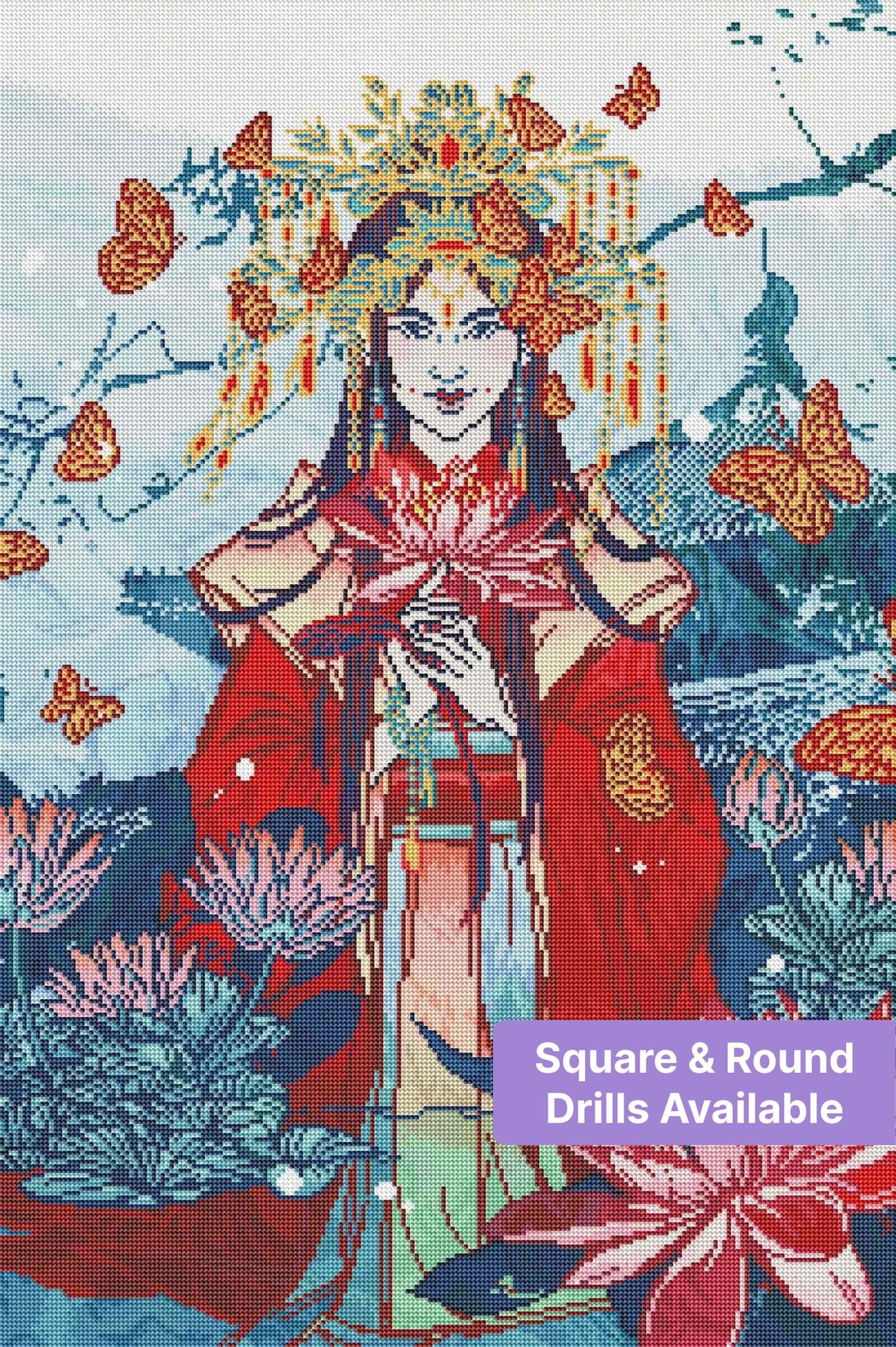 Oriental woman with butterflies and lotus flowers in vibrant floral fantasy style