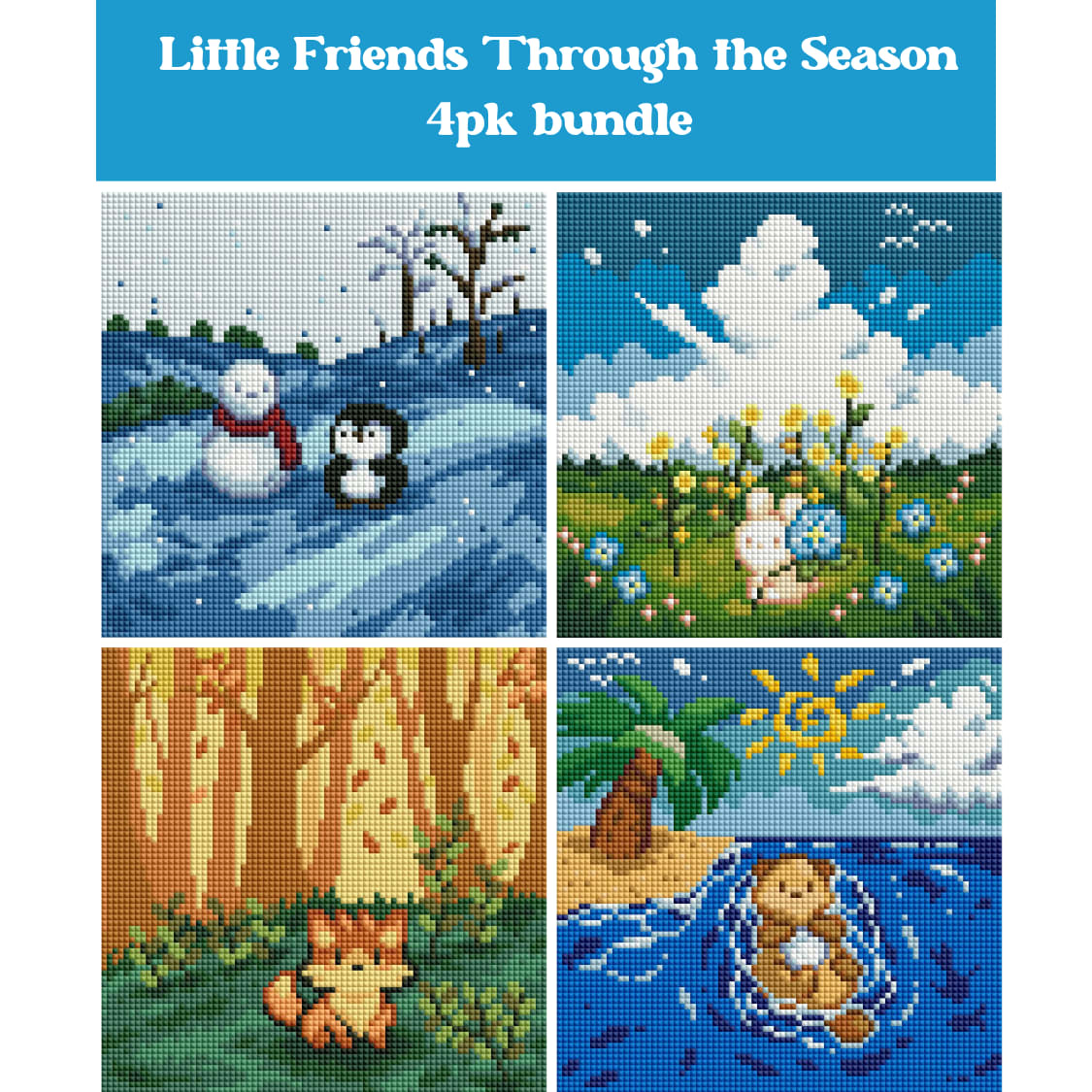 Four seasonal animal diamond painting scenes in a colorful storybook style with winter, spring, autumn, and summer themes