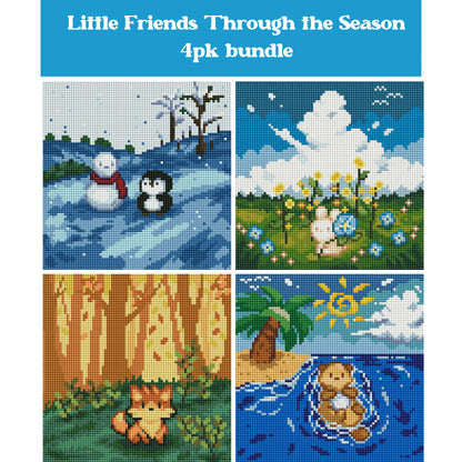 Four seasonal animal diamond painting scenes in a colorful storybook style with winter, spring, autumn, and summer themes