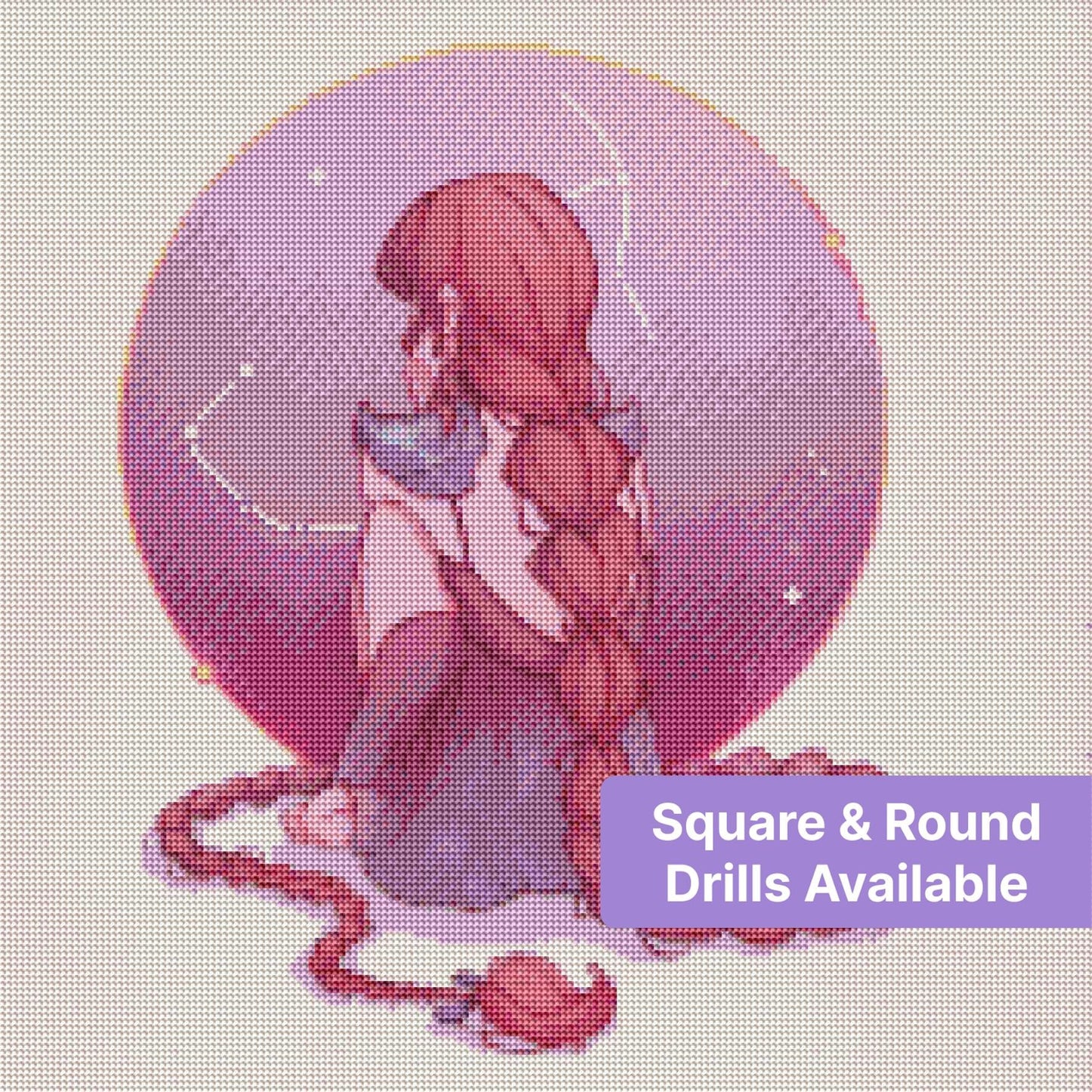 Anime-style girl with long pink braids seated before a glowing celestial circle