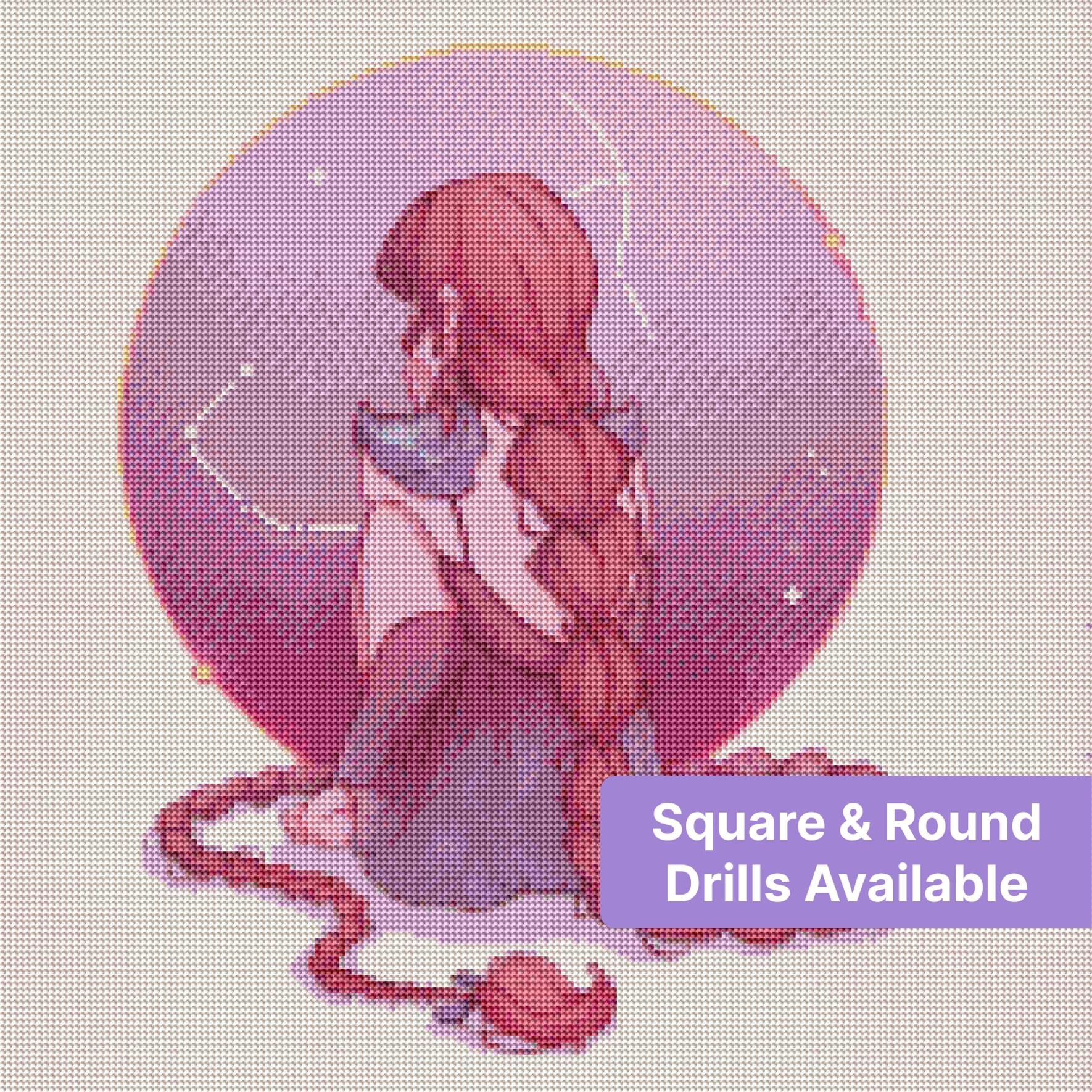 Anime-style girl with long pink braids seated before a glowing celestial circle