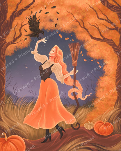 Autumn witch with raven, pumpkins, and glowing fall trees in a fantasy night scene