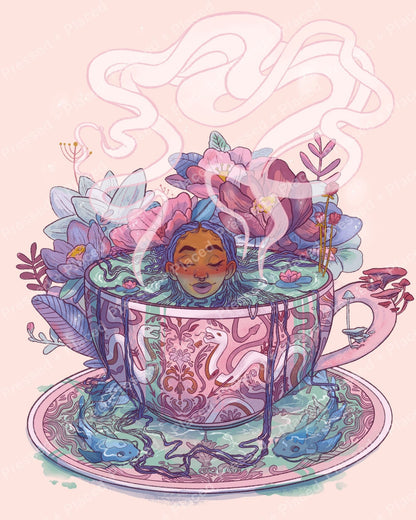 Pastel floral tea cup illustration with serene face, steaming swirl, and decorative pattern details