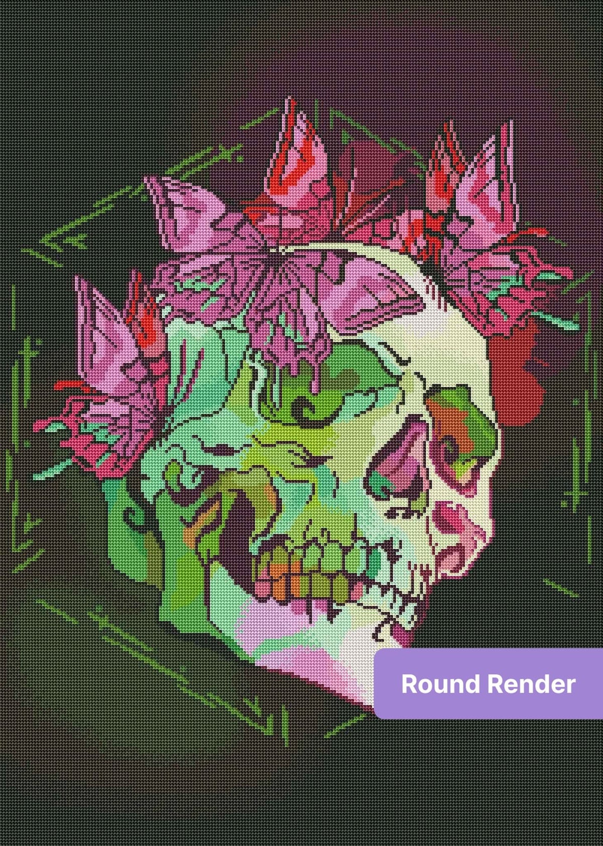 Neon skull with pink flowers in vivid gothic pop art style