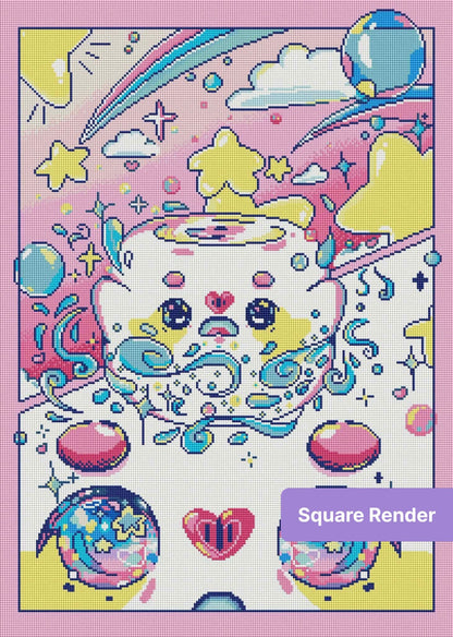 Cute cosmic cat with stars, clouds, and pastel rainbow swirls in kawaii cartoon style