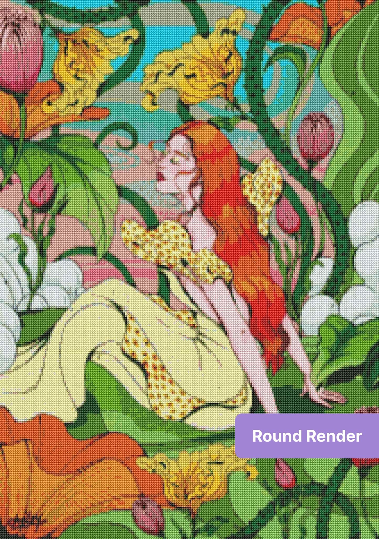 Fantasy red-haired girl among oversized flowers in a vibrant botanical art style