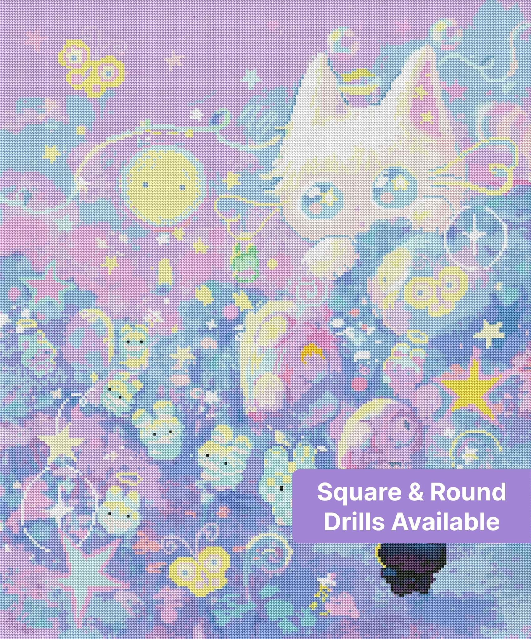 Pastel kawaii cat surrounded by stars, planets, and whimsical fantasy characters
