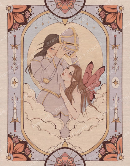 Fantasy fairy and knight in an ornate arched frame with soft clouds and celestial accents