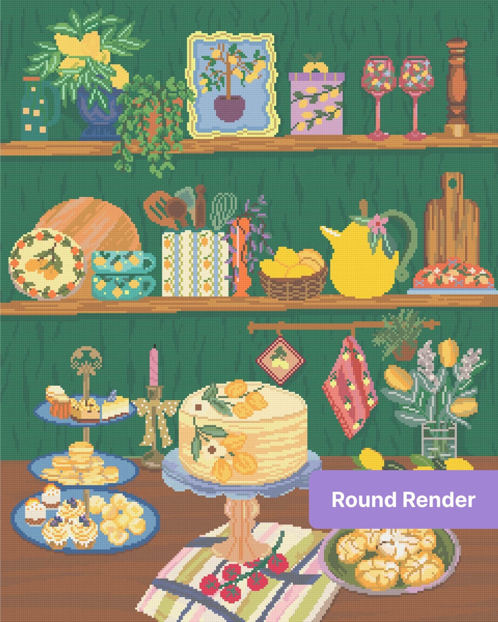 Lemon-themed still life with painted shelves, desserts, vases, and floral kitchen decor