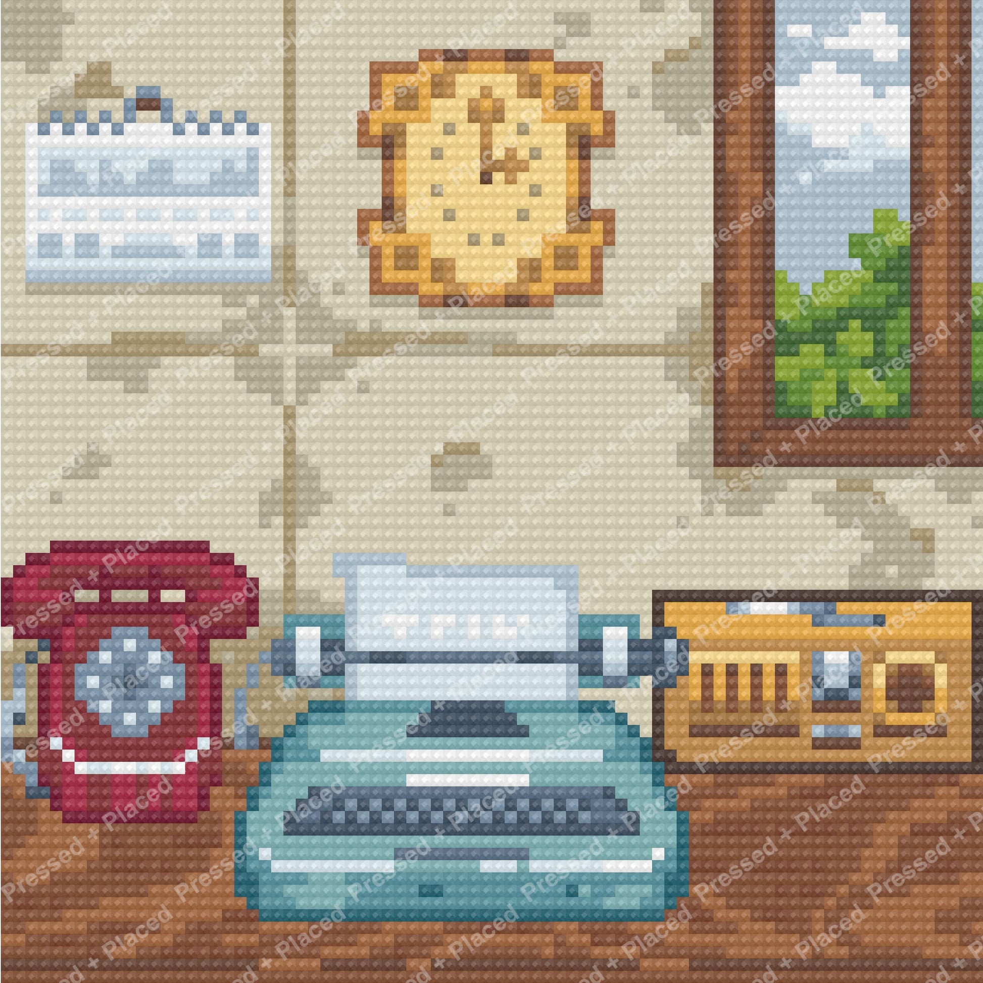Pixel-style cozy living room with retro furniture, window view, and warm interior details