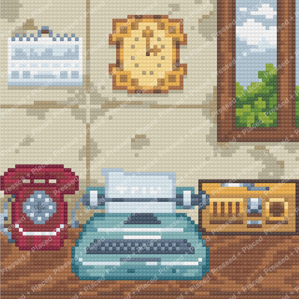 Pixel-style cozy living room with retro furniture, window view, and warm interior details