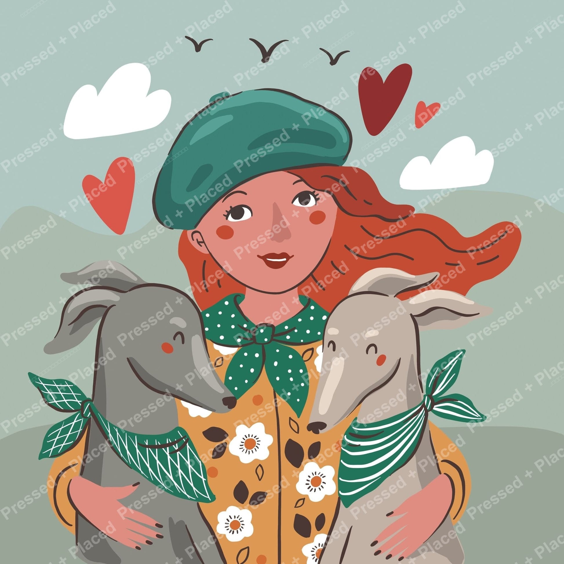 Folk art girl with two goats, hearts, and clouds in a soft whimsical style