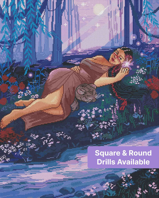Fantasy woman reclining in a moonlit forest with glowing flowers and soft purple light