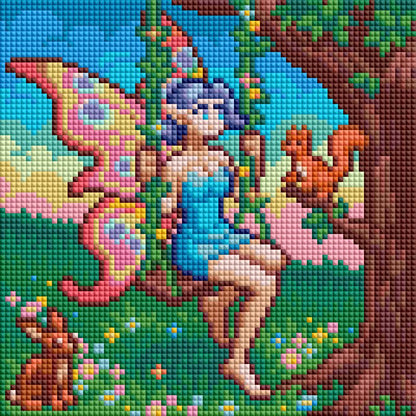 Four fantasy fairy diamond painting designs with pastel colors, unicorns, and magical midsummer scenes