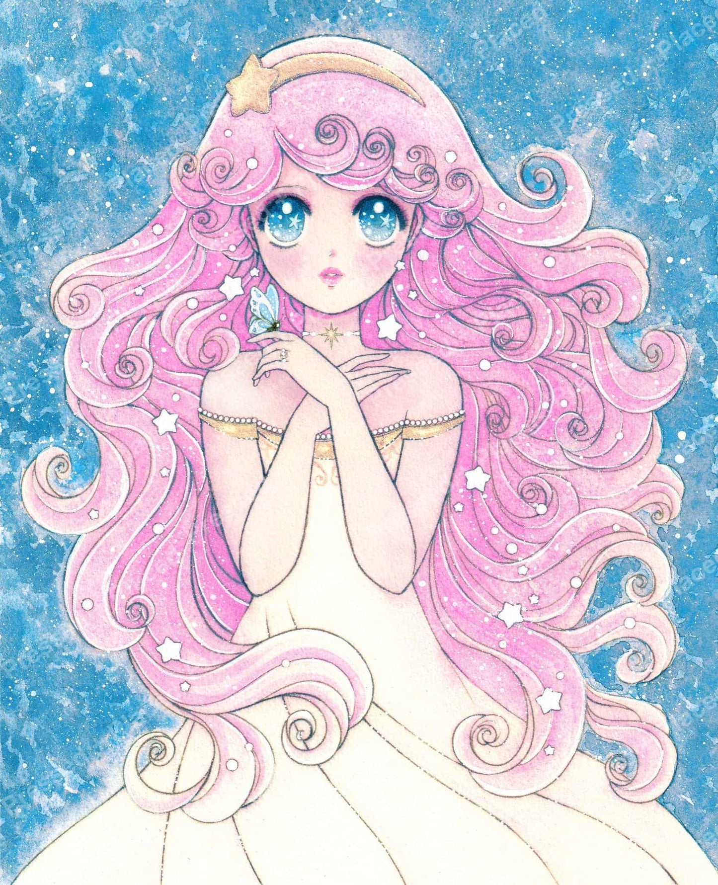 Anime-style pink-haired princess with starry blue background and pastel fantasy details