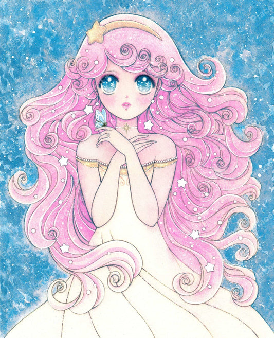 Anime-style pink-haired princess with starry blue background and pastel fantasy details