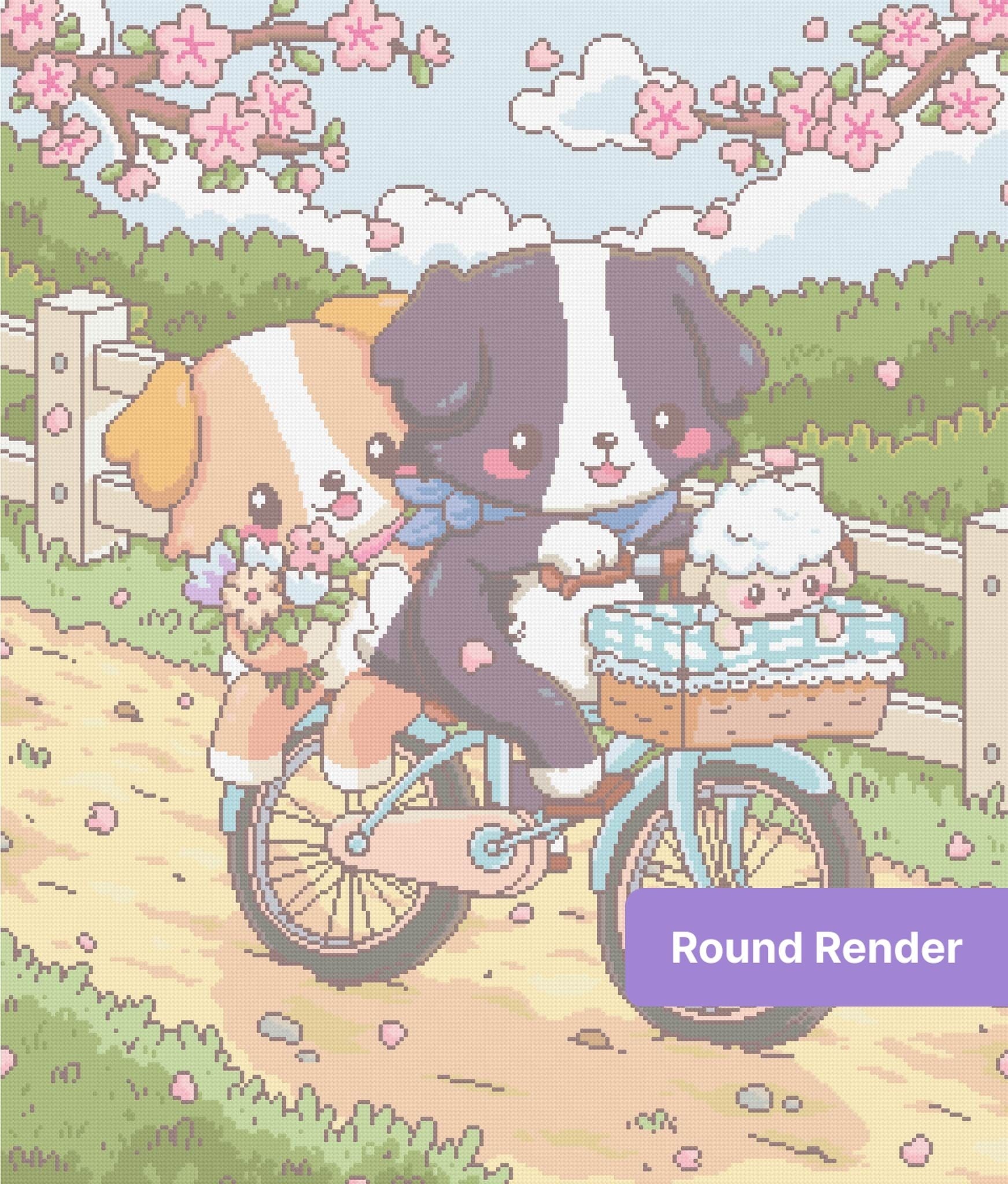 Cute cartoon puppies riding a bicycle under cherry blossoms in a pastel garden scene