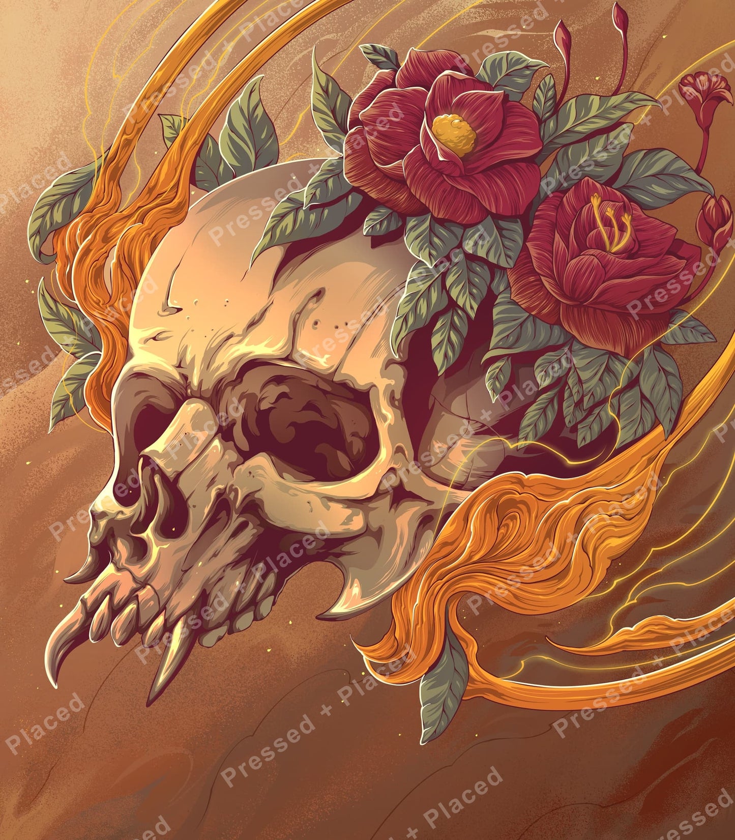 Illustrated skull with red roses and flowing golden accents in a gothic fantasy style