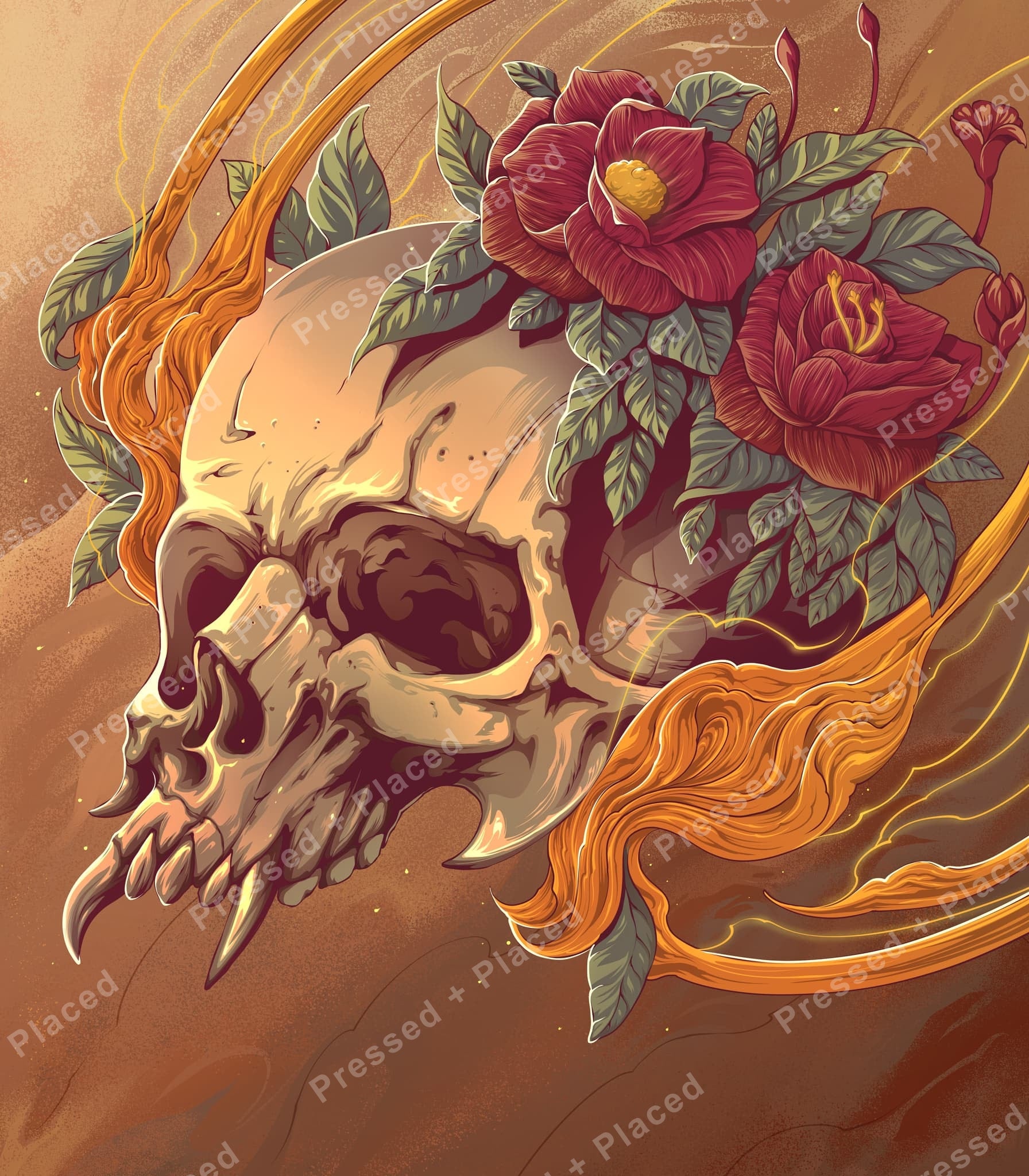 Illustrated skull with red roses and flowing golden accents in a gothic fantasy style