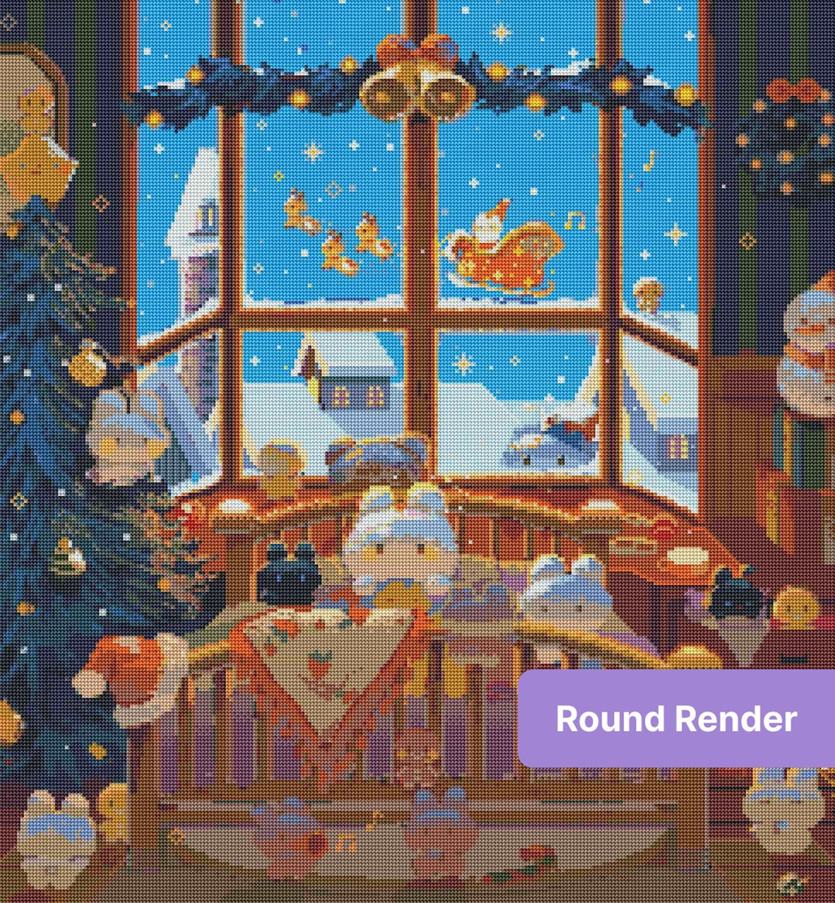 Whimsical winter cat scene with snowy window, Christmas decor, and cozy festive colors