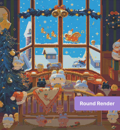 Whimsical winter cat scene with snowy window, Christmas decor, and cozy festive colors